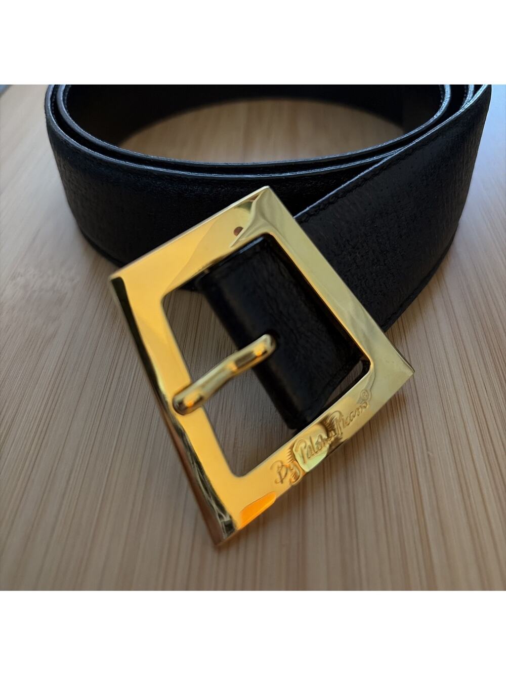 Paloma Picasso Black Leather Gold Belt Brass Signature Buckle XL 85